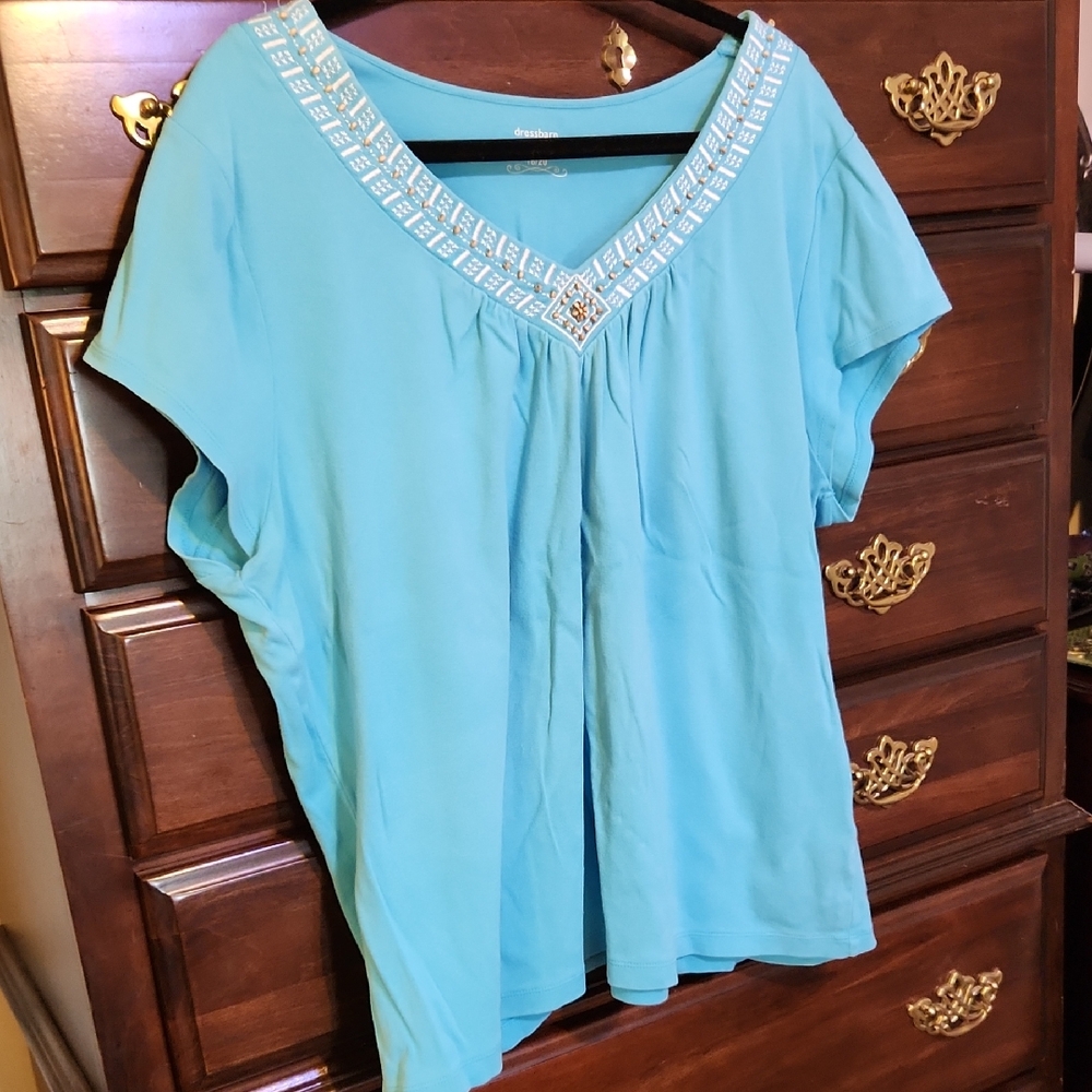 Dress Barn Light Blue Embellished V-Neck Blouse